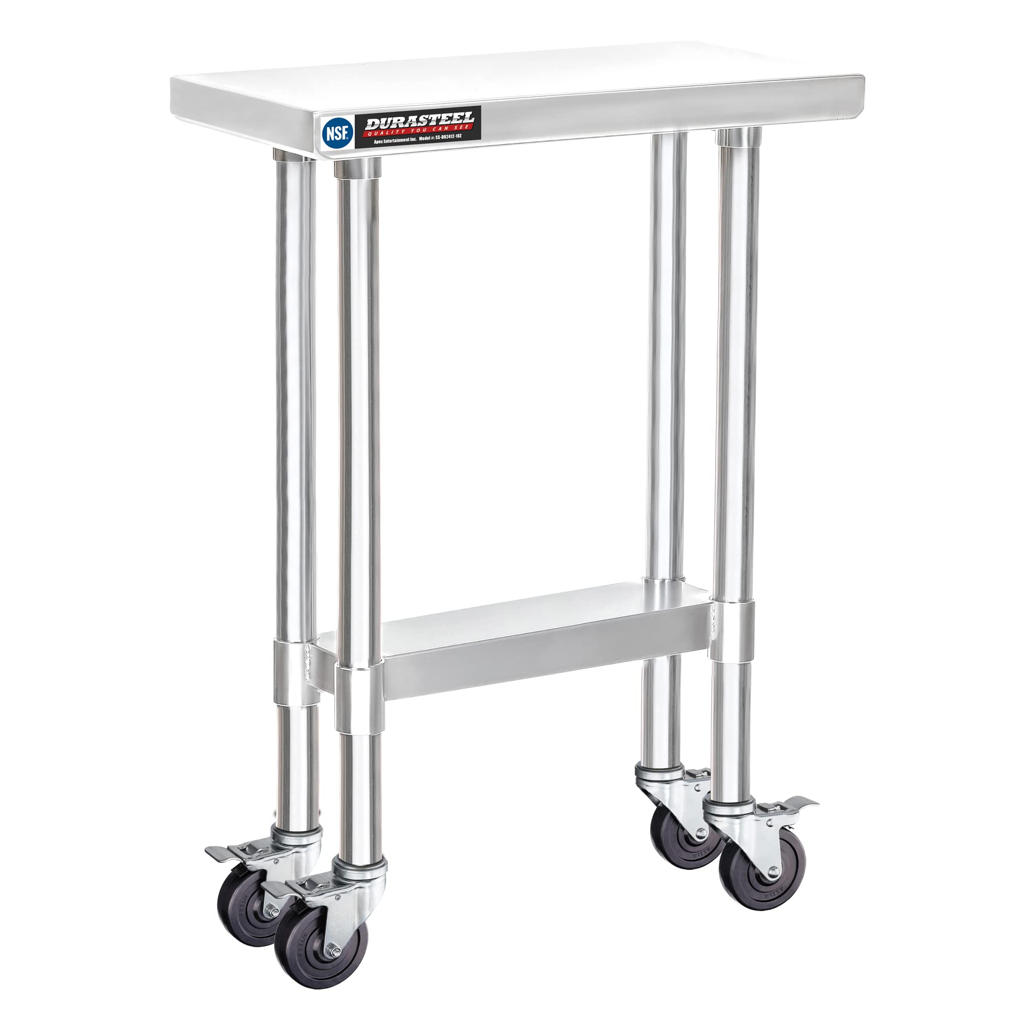 DuraSteel 24x12 NSF Stainless Steel Cart - Heavy Duty Rolling Food Prep Table with Undershelf - Metal Utility Cart for Commercial Restaurant Kitchen, Laundry, Side Mixer Stand