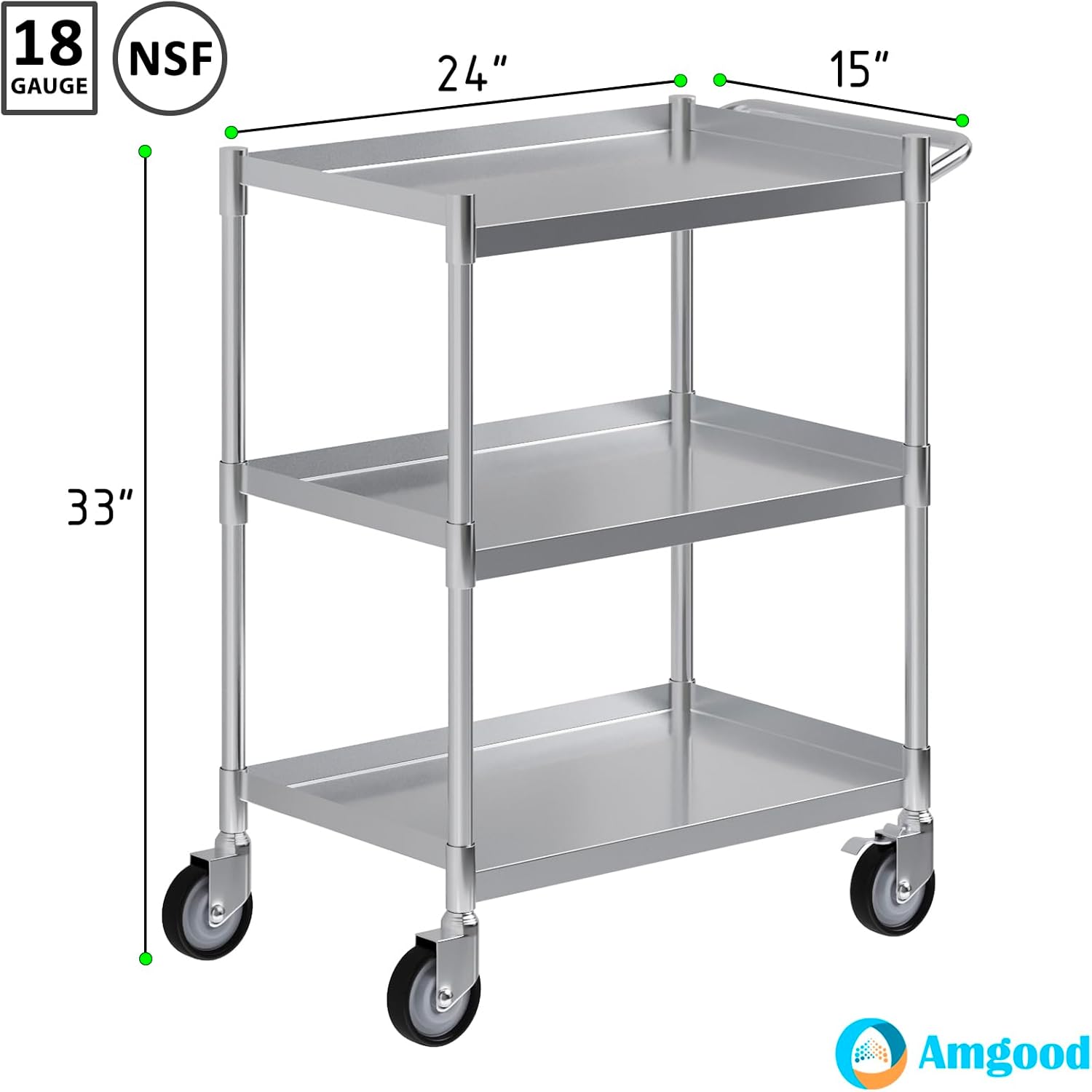 3 Shelf Stainless Steel Tubular Utility Cart | 15 in. Wide x 24 in. Long x 33 in High | Metal Utility Cart on Wheels with Handle | NSF