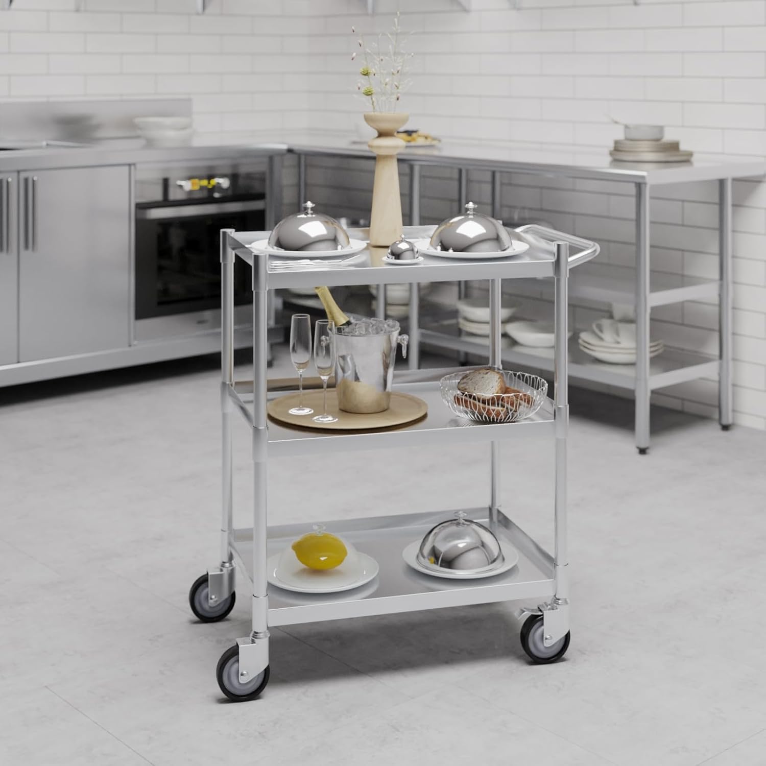3 Shelf Stainless Steel Tubular Utility Cart | 15 in. Wide x 24 in. Long x 33 in High | Metal Utility Cart on Wheels with Handle | NSF