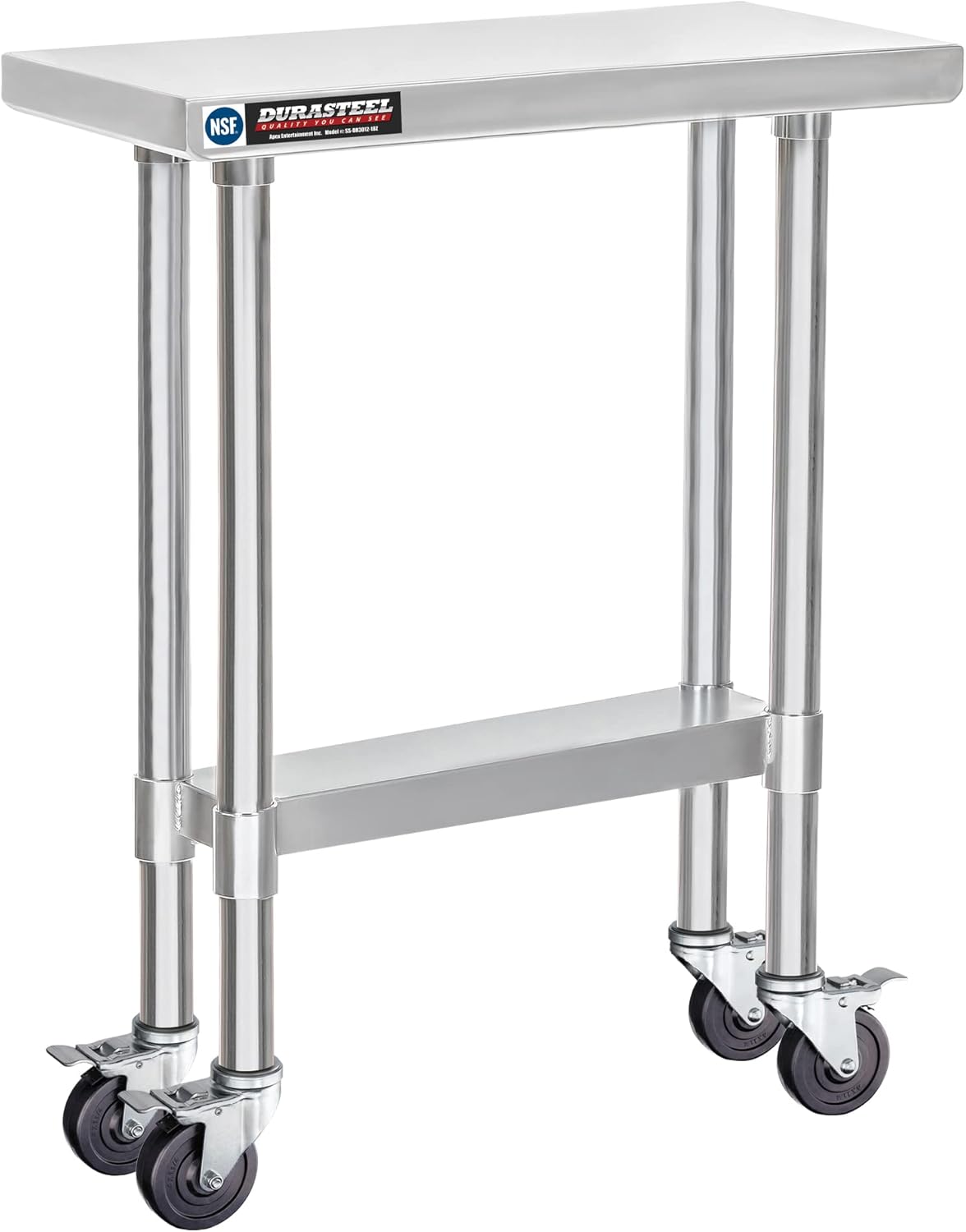 DuraSteel 30x12 NSF Stainless Steel Cart - Heavy Duty Rolling Food Prep Table with Undershelf - Metal Utility Cart for Commercial Restaurant Kitchen, Laundry, Side Mixer Stand