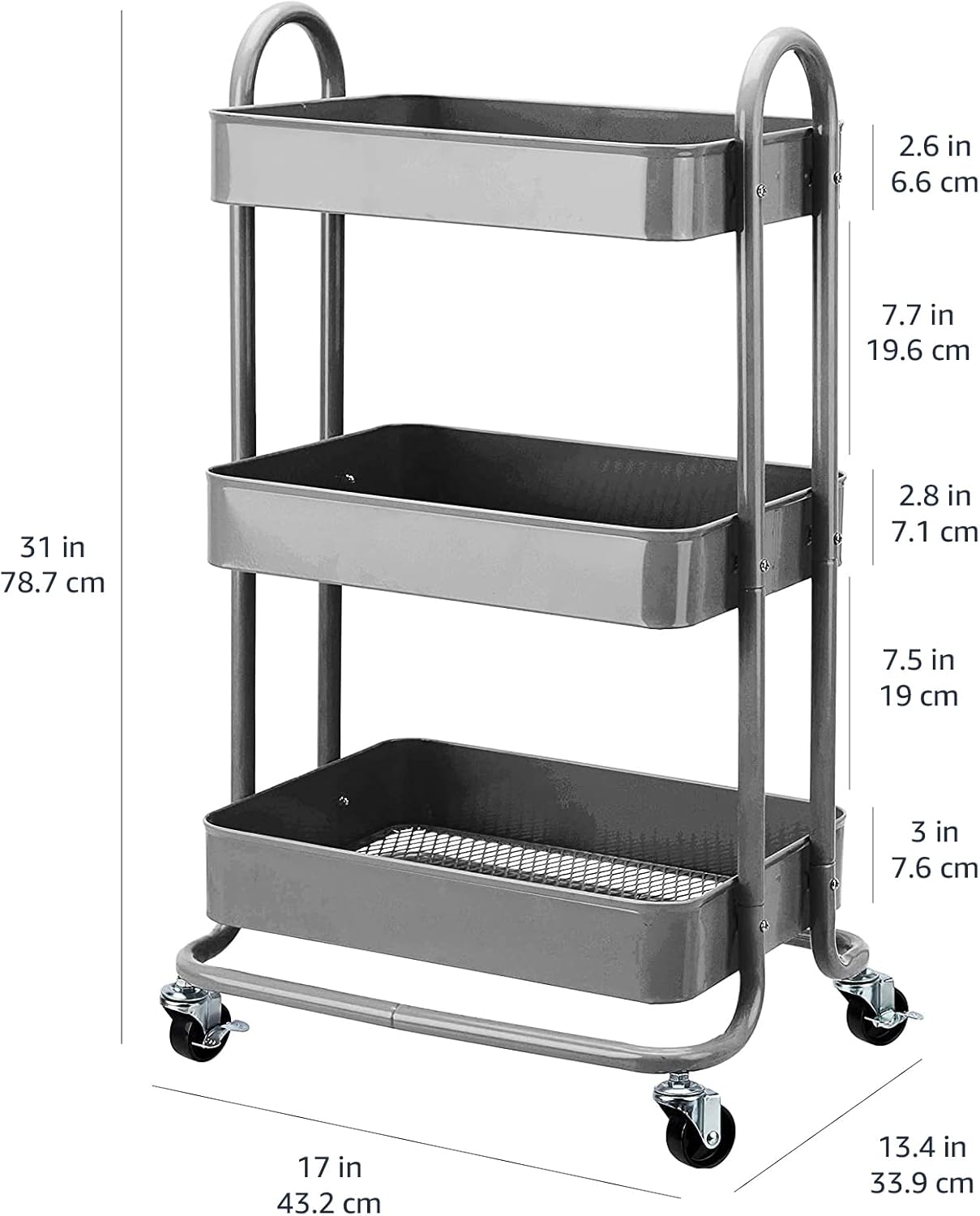 Amazon Basics 3-Tier Rolling Utility or Kitchen Cart, Lockable Wheels, Multifunctional Storage, Mobile Shelving Unit, Metal Storage Organizer, Charcoal