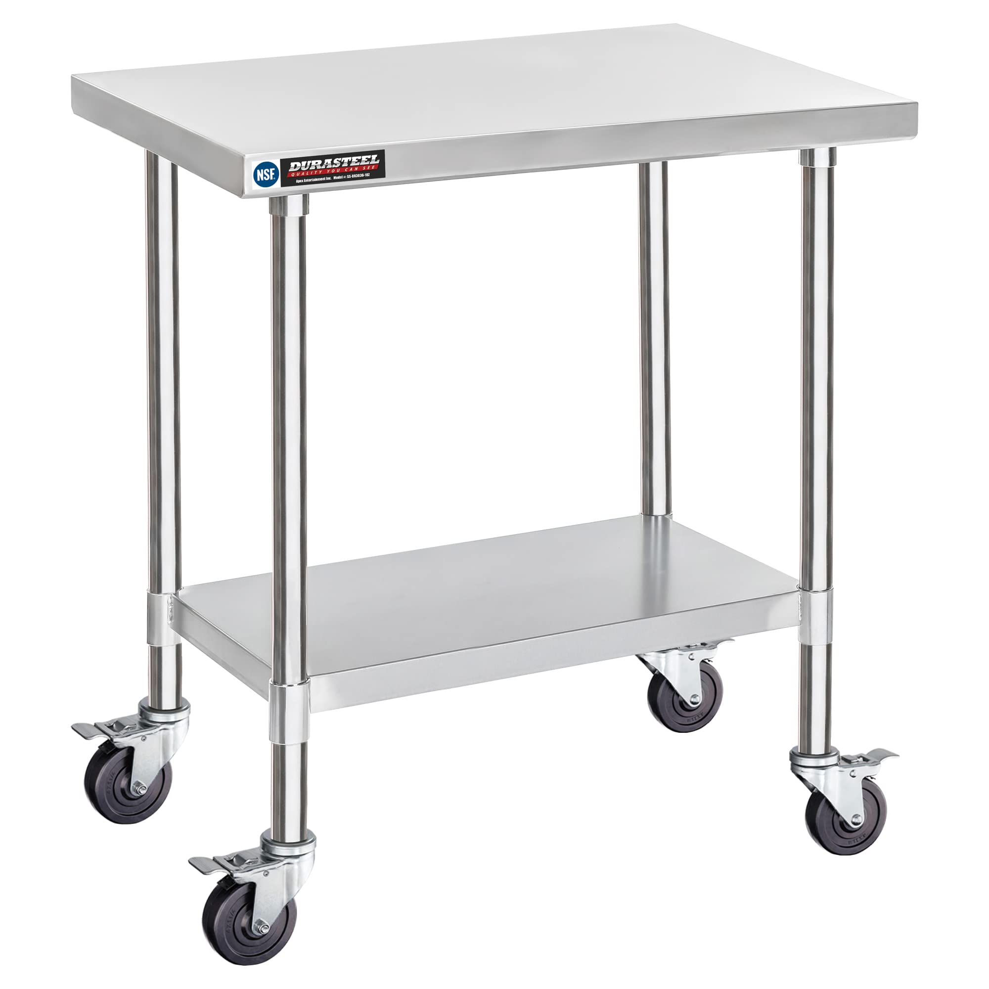 DuraSteel 24x12 NSF Stainless Steel Cart - Heavy Duty Rolling Food Prep Table with Undershelf - Metal Utility Cart for Commercial Restaurant Kitchen, Laundry, Side Mixer Stand