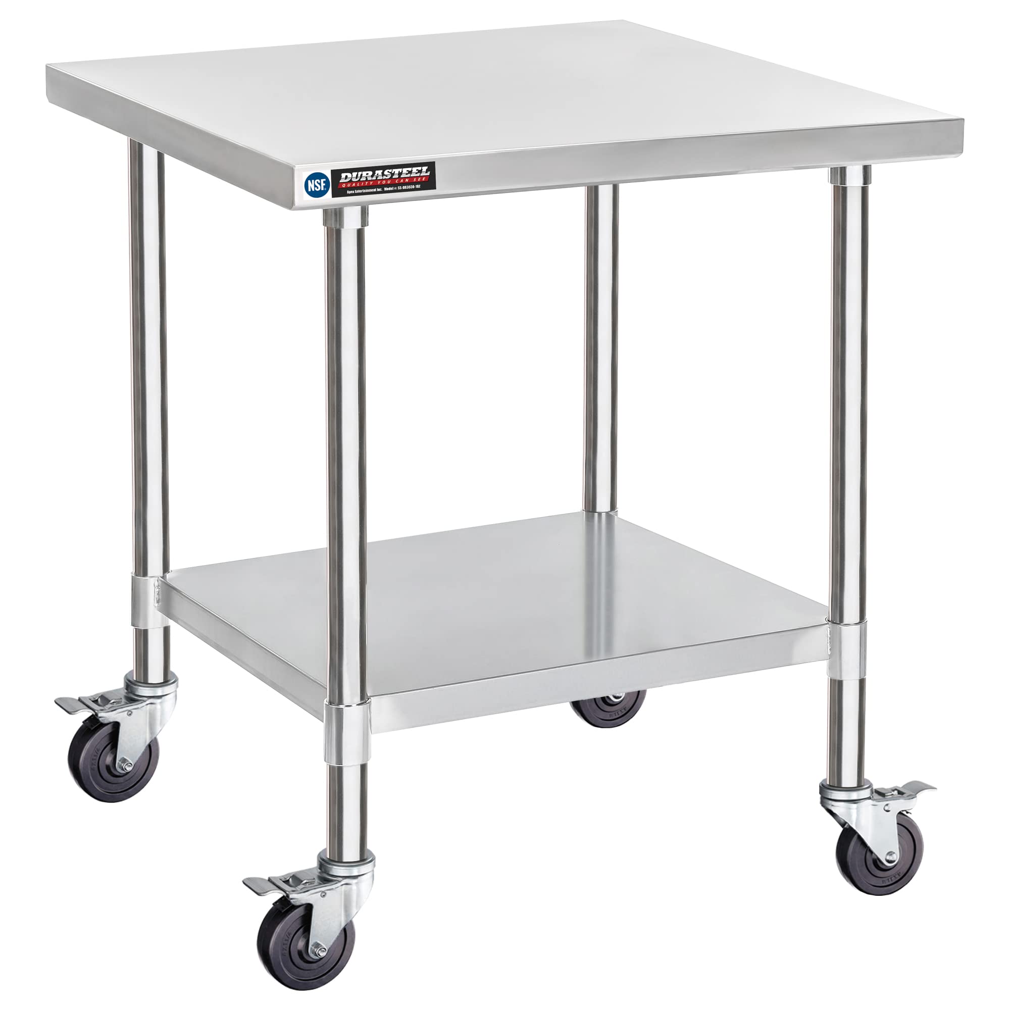 DuraSteel 24x12 NSF Stainless Steel Cart - Heavy Duty Rolling Food Prep Table with Undershelf - Metal Utility Cart for Commercial Restaurant Kitchen, Laundry, Side Mixer Stand