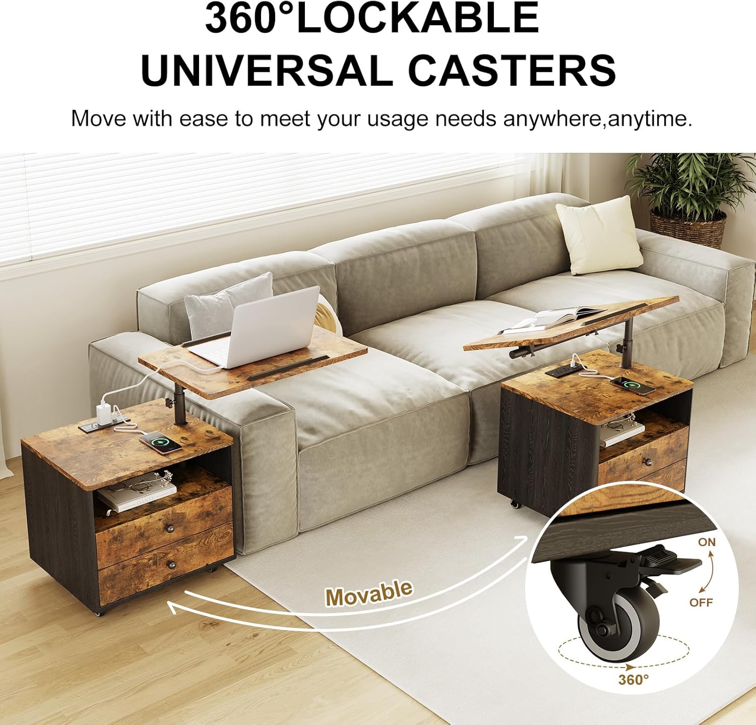 Bedroom Nightstand with Drawers & Charging Station, Adjustable Height Bedside Table with Wheels, Wooden Small Sofa Side Tables with Storage for Living Room, Rustic Brown