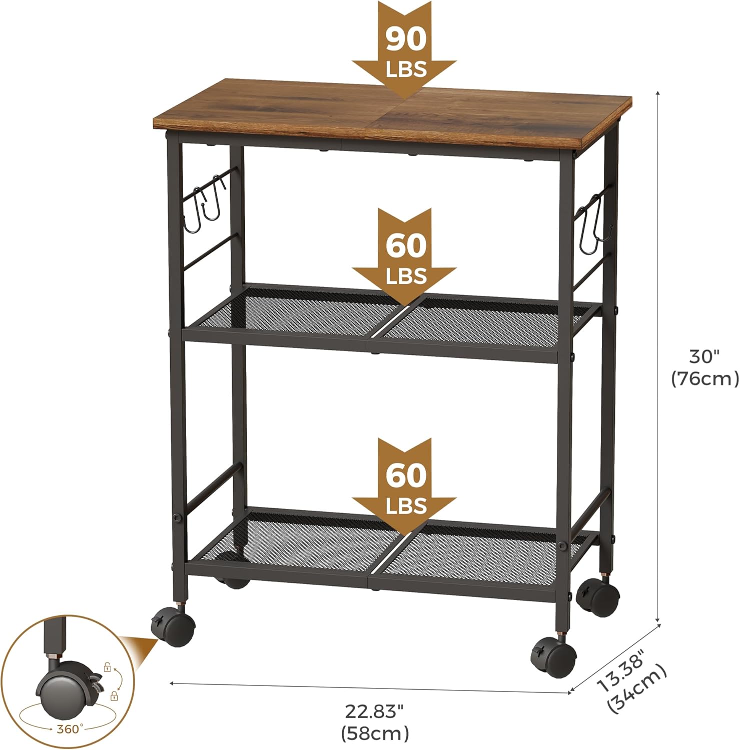BEWISHOME Rolling Kitchen Cart 3 Tier, Microwave Kitchen Cart with Storage Function, Practical Roller Cart with 4 Locking Wheels for Kitchen, Living Room, Bathroom, Office, Bar (Brown) 99ZCC01H