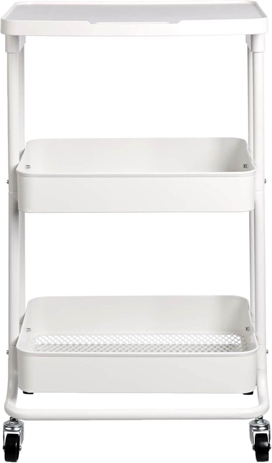Amazon Basics 2-Tier Rolling Metal Utility Cart with Shelf, Portable Multi-Functional Storage, White