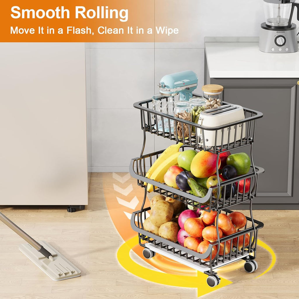 3 Tier Rolling Pantry Floor Organizers and Storage Cart with Wheels, Stackable Wire Fruit Basket Stand for Kitchen Organization, Three Tiered Pantry Storage Rack for Snack, Vegetable, Produce, Fruits