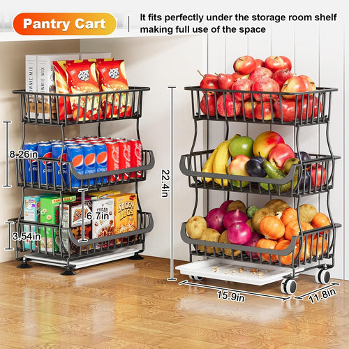 3 Tier Rolling Pantry Floor Organizers and Storage Cart with Wheels, Stackable Wire Fruit Basket Stand for Kitchen Organization, Three Tiered Pantry Storage Rack for Snack, Vegetable, Produce, Fruits