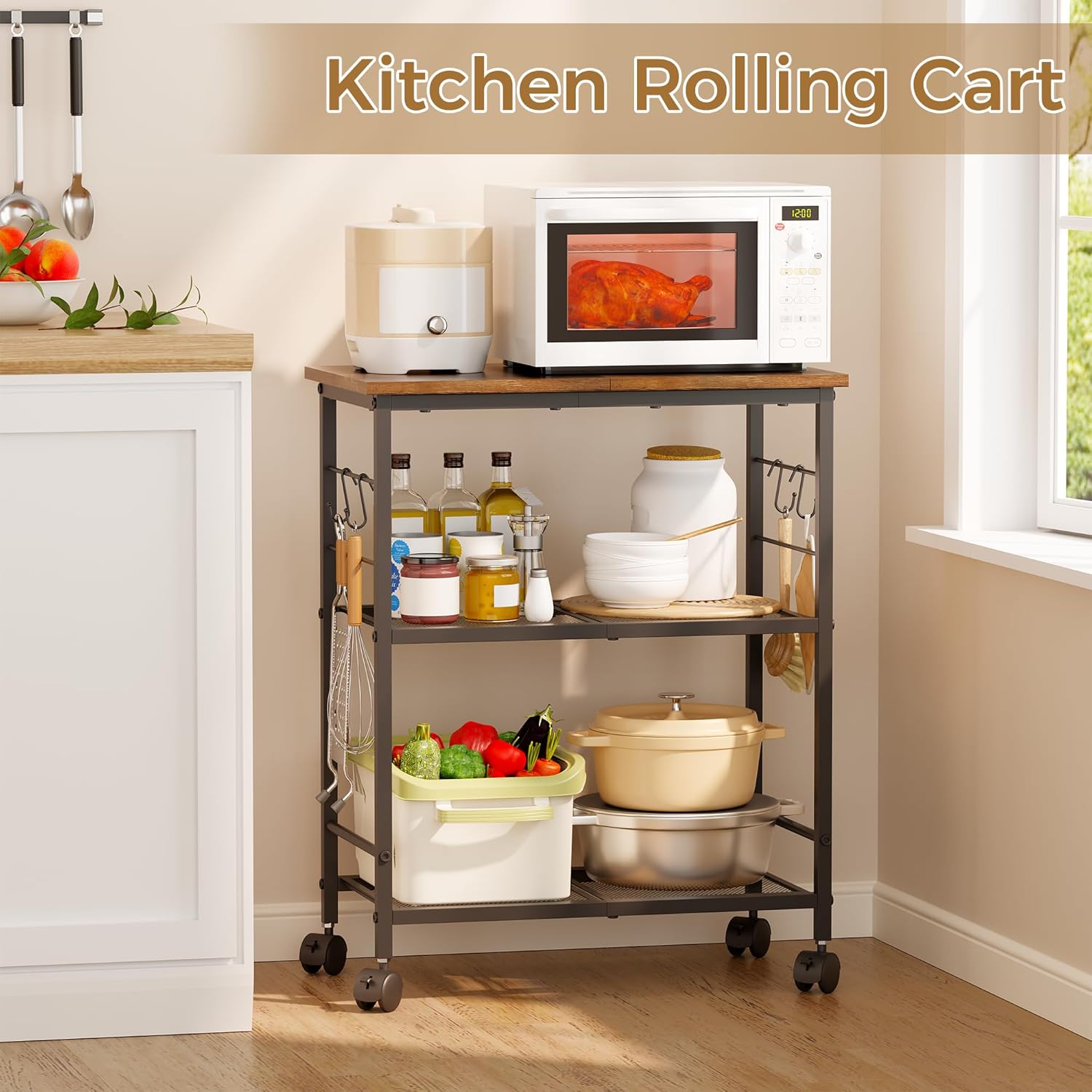 BEWISHOME Rolling Kitchen Cart 3 Tier, Microwave Kitchen Cart with Storage Function, Practical Roller Cart with 4 Locking Wheels for Kitchen, Living Room, Bathroom, Office, Bar (Brown) 99ZCC01H