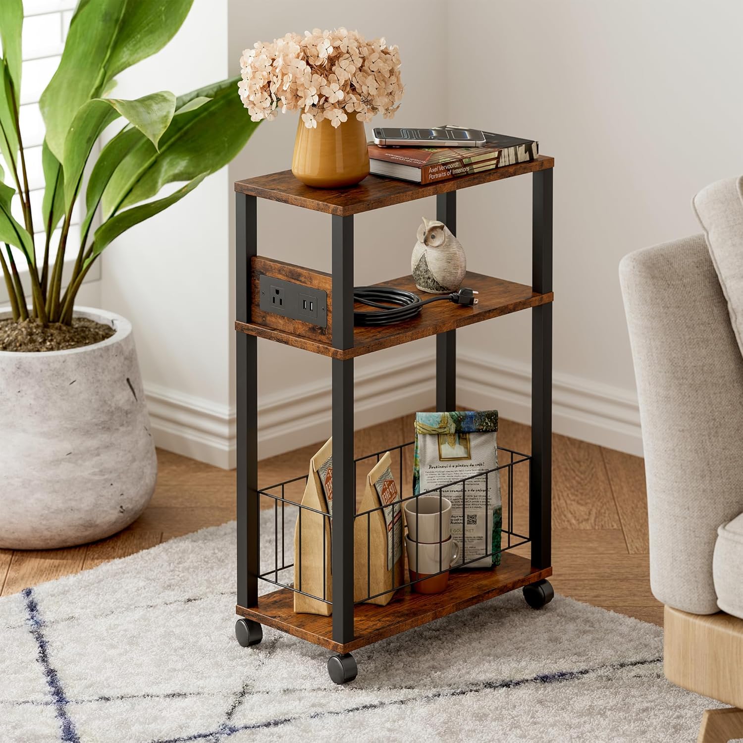 DGSANDGO Narrow Rolling Side Table with Charging Station (Outlets/USB Ports) & Storage Basket - Small Space End Table for Living Room Bedroom Office (Rustic Brown)