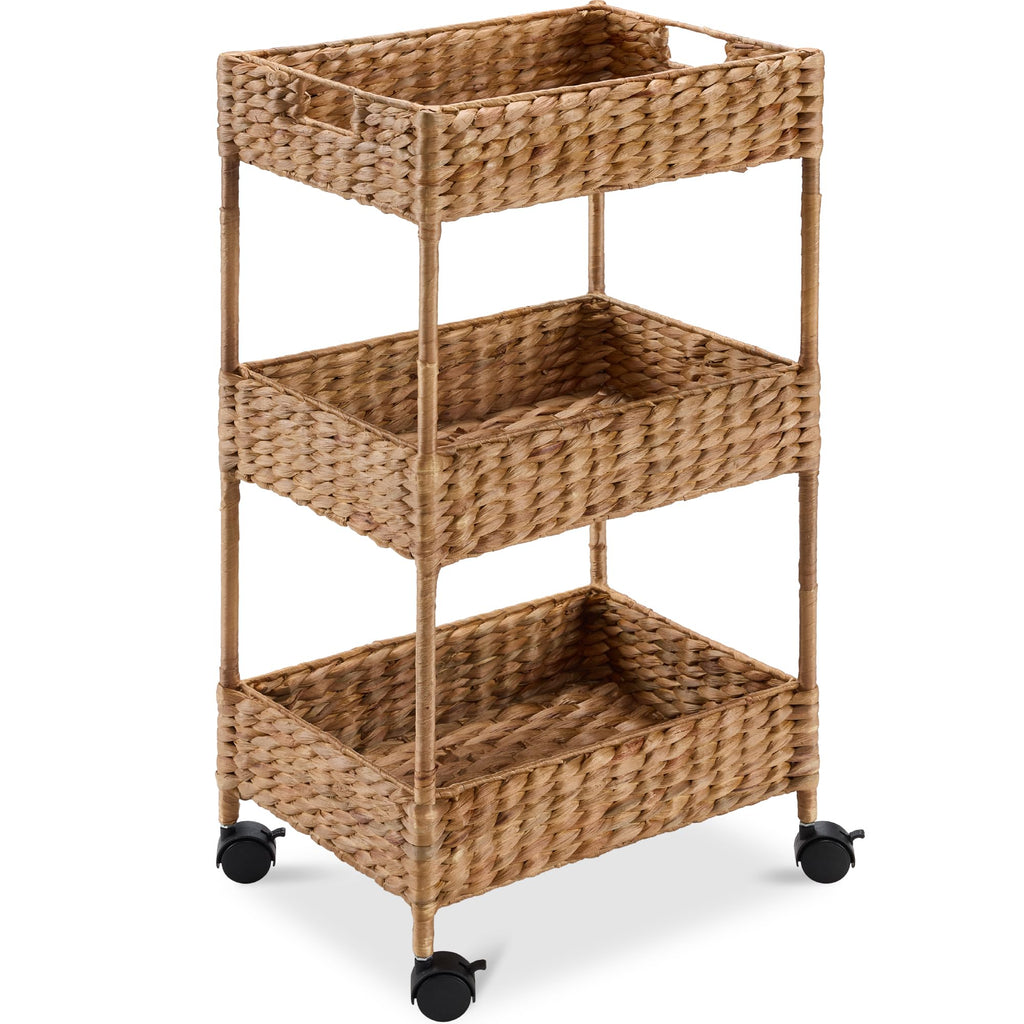 Best Choice Products 3-Tier Water Hyacinth Rolling Nursery Caddy w/Wheels, Utility Cart, Storage Organization for Bathroom, Craft Room, Laundry Room– Natural