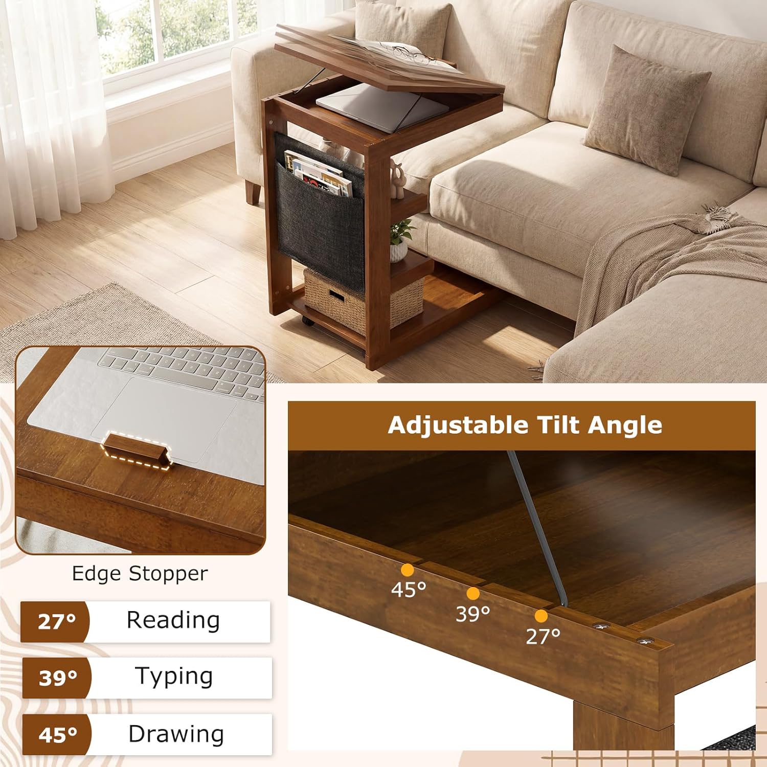 Giantex C-Shaped End Table with Wheels, Wooden Rolling Side Table w/Adjustable Desktop, Edge Stopper, Side Pocket & 3 Storage Shelves, Sofa Couch Bedside TV Tray for Living Room Bedroom (Brown,1)