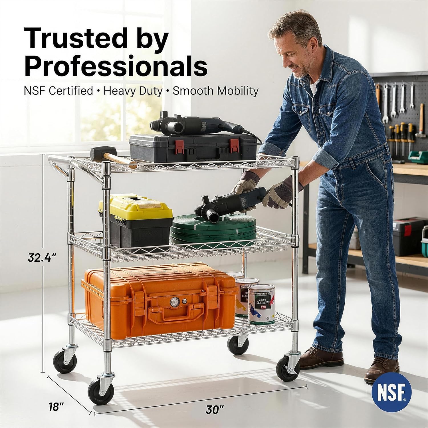 Finnhomy 3 Tier Heavy Duty Commercial Grade Utility Cart, Wire Rolling Cart with Handle Bar, Steel Service Cart with Wheels, Utility Shelf Plant Display Shelf Food Storage Trolley, NSF Listed