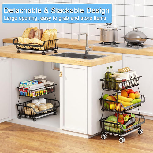 3-Tier Rolling Pantry Floor Organizer, Stackable Pantry Storage Cart with Wheels, Metal Wire Pantry Baskets, Kitchen Fruit Basket Stand, Vegetable Storage Rack for Fruits Snacks Onions Potatoes,1 Pack
