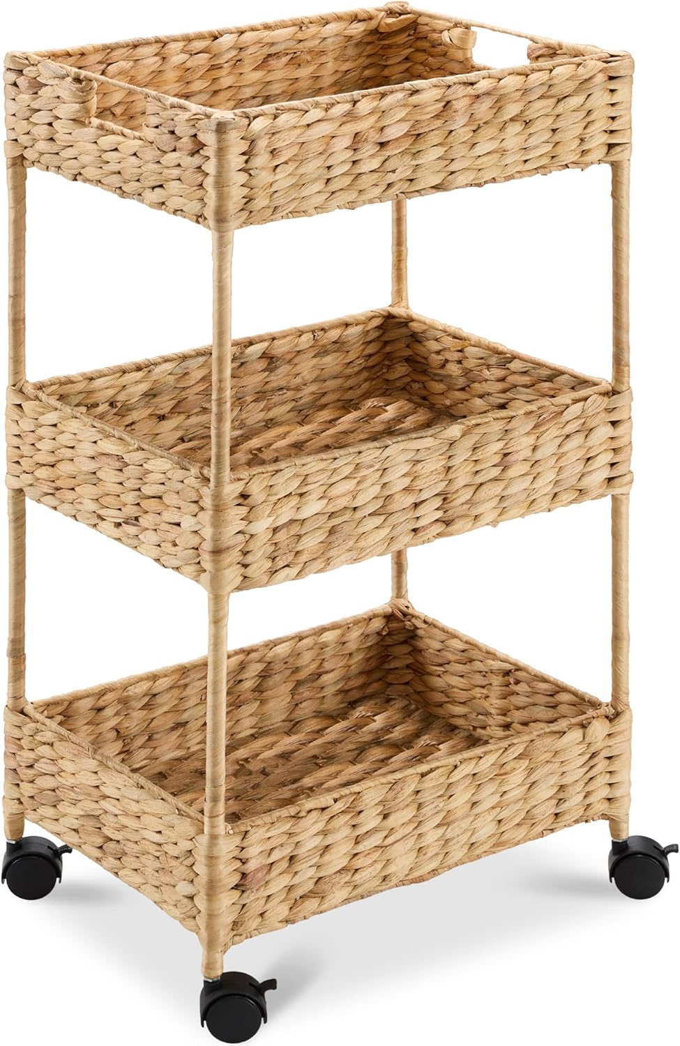 Best Choice Products 3-Tier Water Hyacinth Rolling Nursery Caddy w/Wheels, Utility Cart, Storage Organization for Bathroom, Craft Room, Laundry Room– Natural