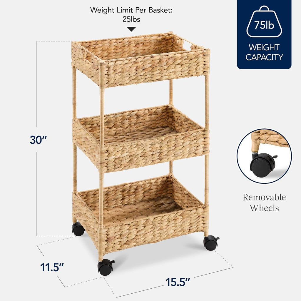 Best Choice Products 3-Tier Water Hyacinth Rolling Nursery Caddy w/Wheels, Utility Cart, Storage Organization for Bathroom, Craft Room, Laundry Room– Natural