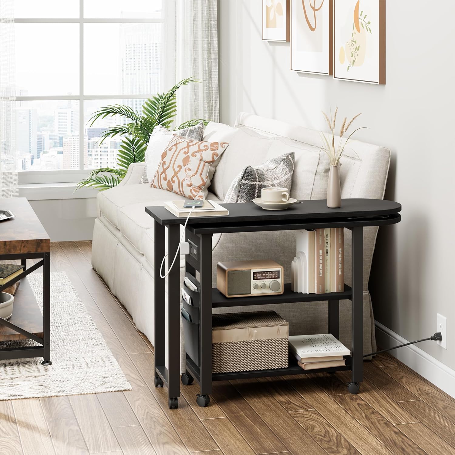 GarveeHome Rotating Side Table Swivel End Table with Charging Station and Extra Storage Bag, Movable End Table with 6 Brake Wheels for Bedroom Living Room