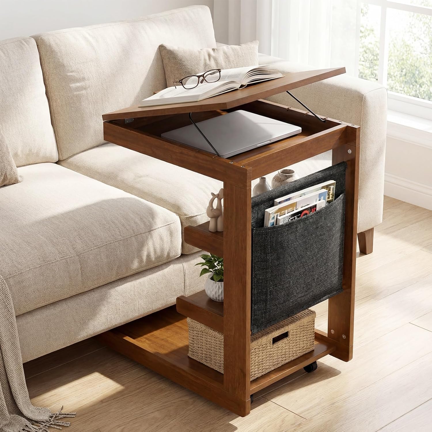 Giantex C-Shaped End Table with Wheels, Wooden Rolling Side Table w/Adjustable Desktop, Edge Stopper, Side Pocket & 3 Storage Shelves, Sofa Couch Bedside TV Tray for Living Room Bedroom (Brown,1)