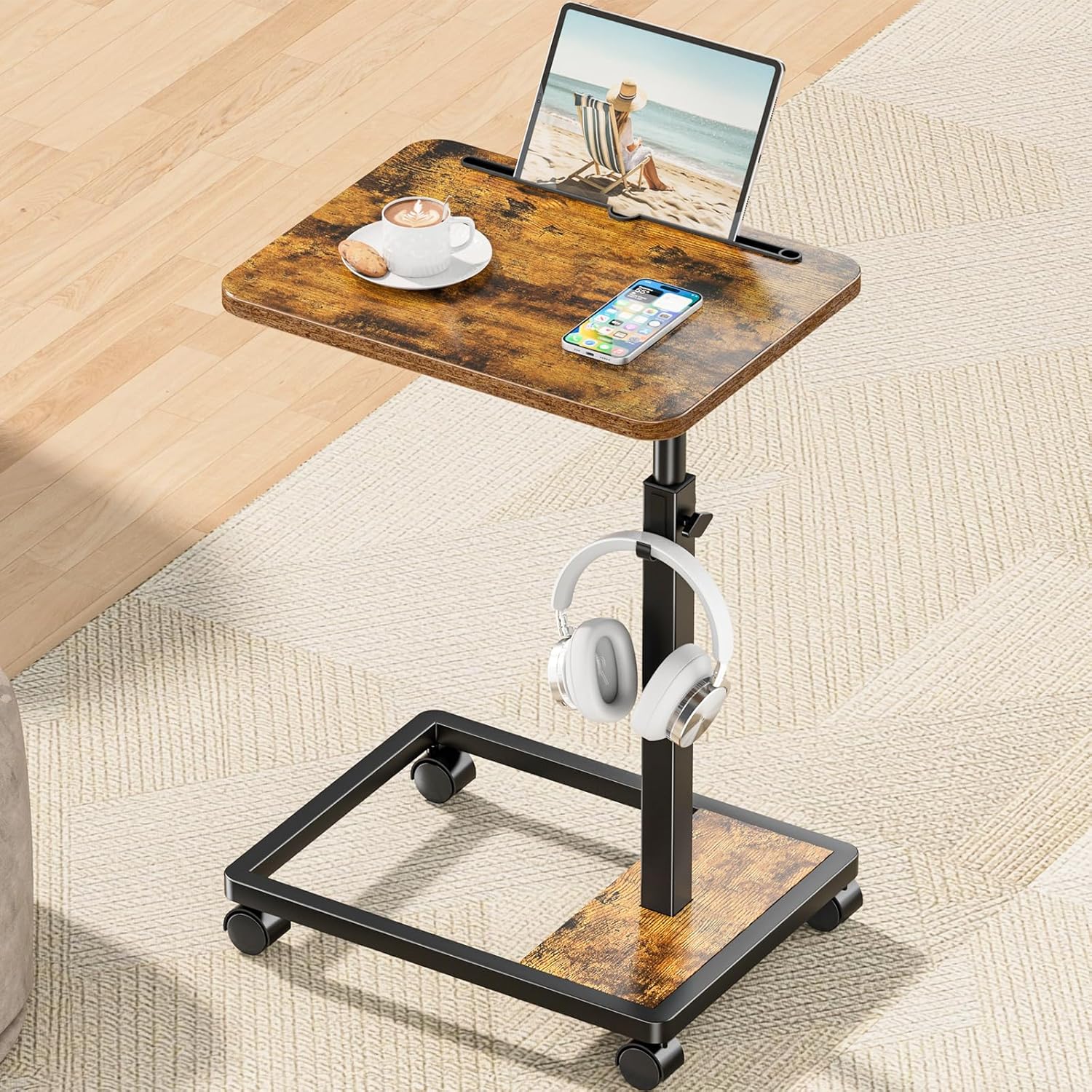 Adjustable TV Tray Table - 360° Rotating C Shaped End Side Table Sofa Couch Bed Table with Wheels for Eating Living Room Laptop