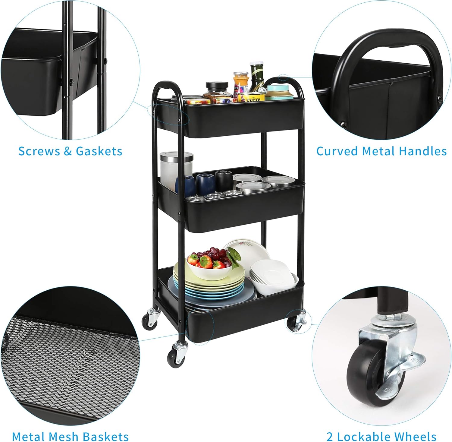 3-Tier Rolling Utility Cart with Caster Wheels,Easy Assembly, for Kitchen, Bathroom (Black)