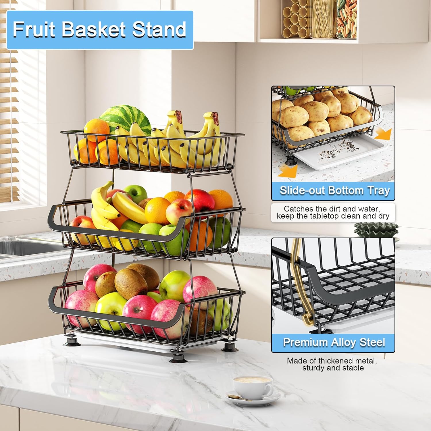 3-Tier Rolling Pantry Floor Organizer, Stackable Pantry Storage Cart with Wheels, Metal Wire Pantry Baskets, Kitchen Fruit Basket Stand, Vegetable Storage Rack for Fruits Snacks Onions Potatoes,1 Pack