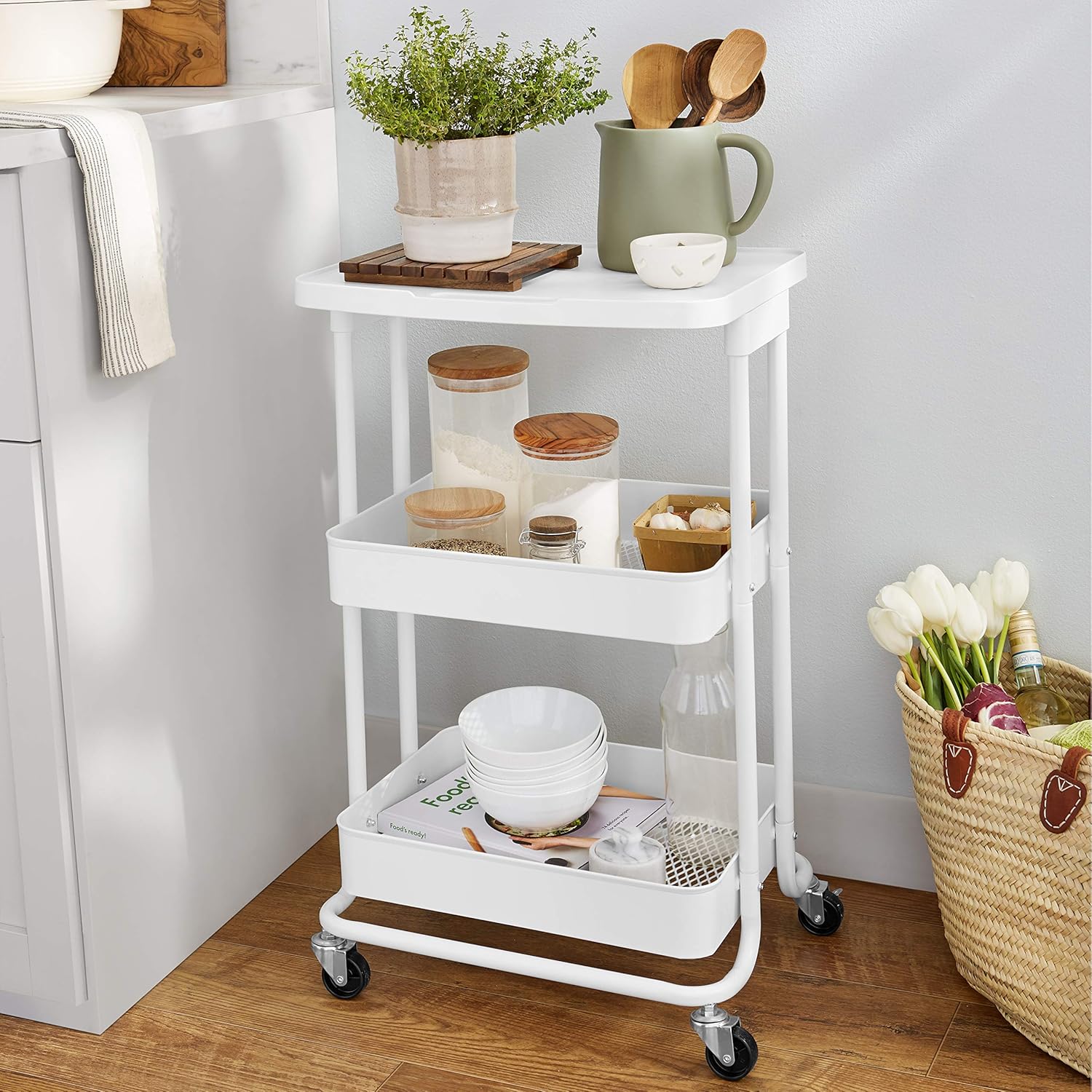 Amazon Basics 2-Tier Rolling Metal Utility Cart with Shelf, Portable Multi-Functional Storage, White